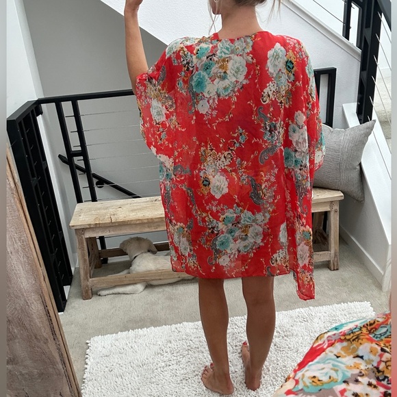 Bohemian floral chiffon swim coverup summer vacation beach pool casual party M - Picture 6 of 10